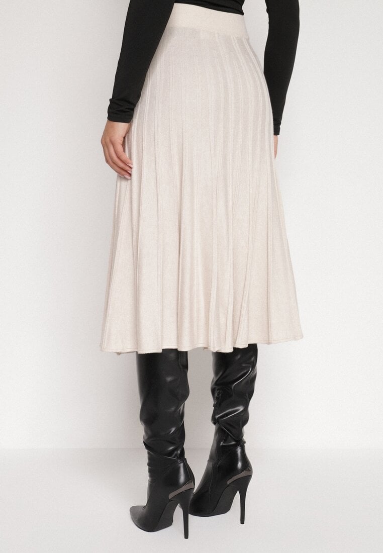 Beżowa Rozkloszowana Plisowana Spódnica Dzianinowa Tussana