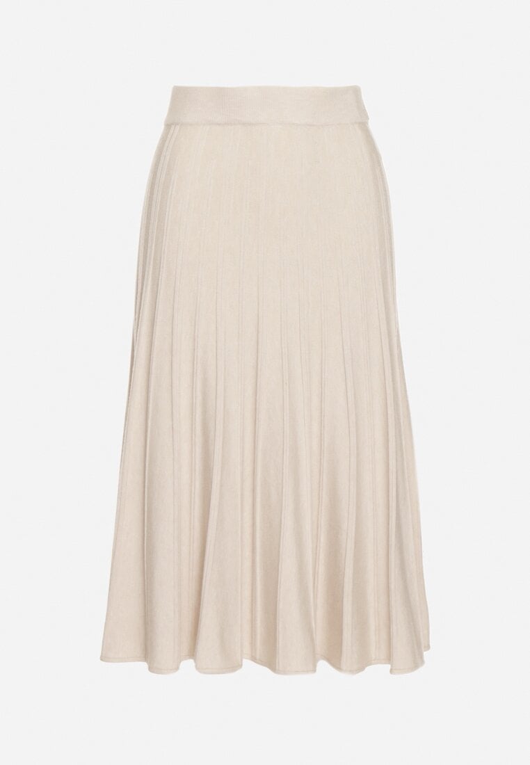 Beżowa Rozkloszowana Plisowana Spódnica Dzianinowa Tussana