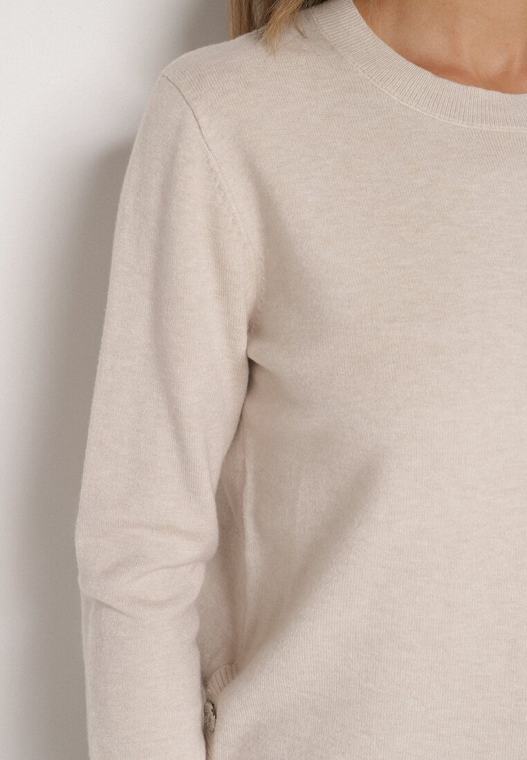 Beżowy Sweter z Guzikami z Boku Tusiana