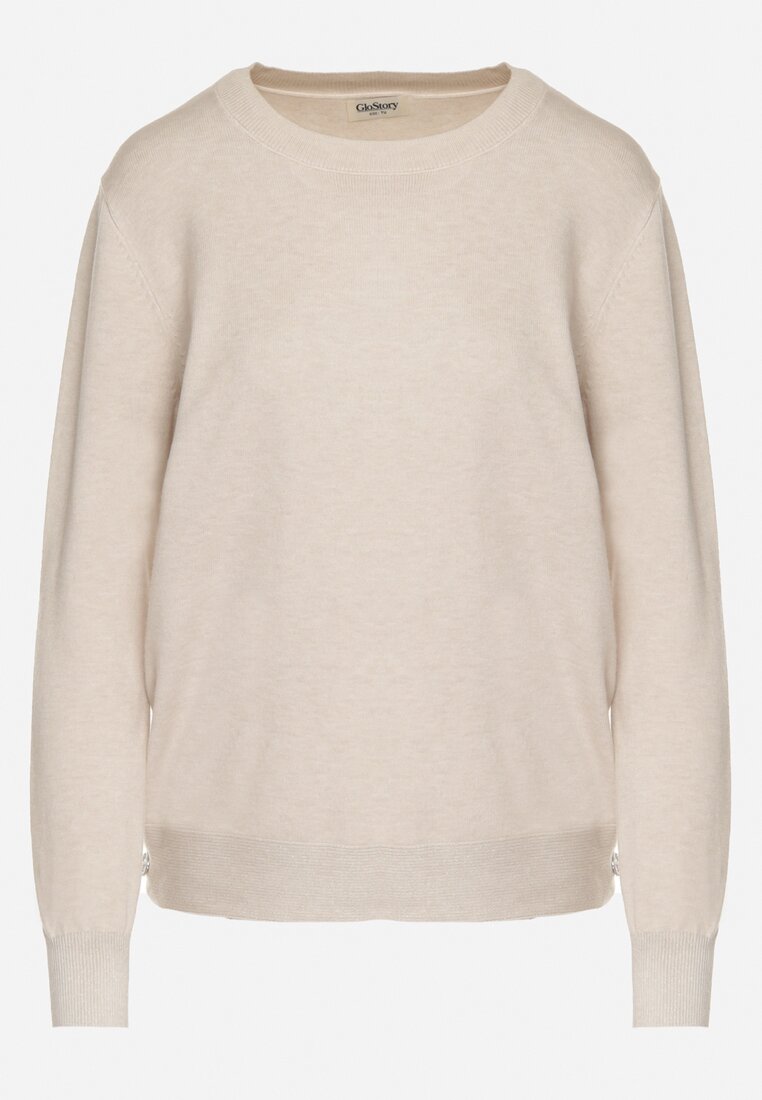 Beżowy Sweter z Guzikami z Boku Tusiana