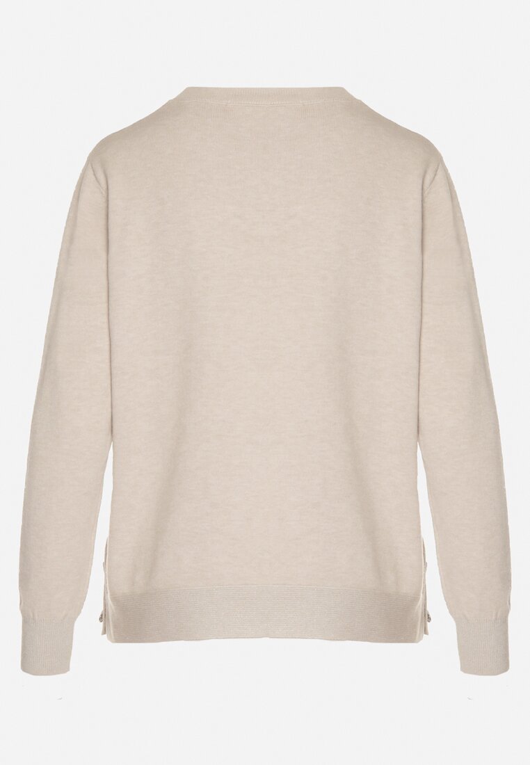 Beżowy Sweter z Guzikami z Boku Tusiana