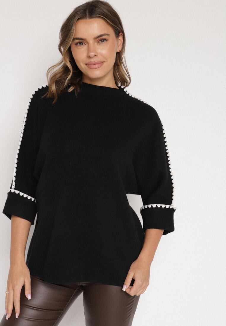 Czarny Sweter z Kontrastową Lamówką Tuselle