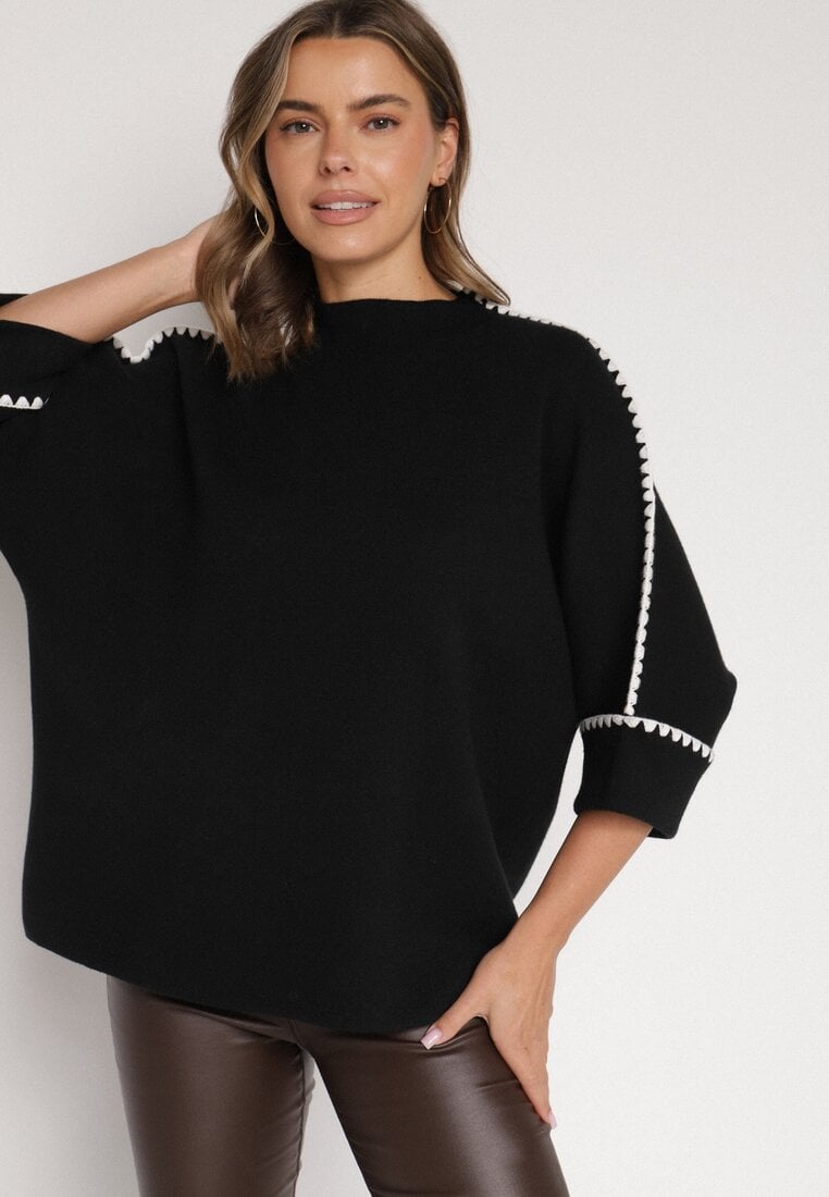 Czarny Sweter z Kontrastową Lamówką Tuselle
