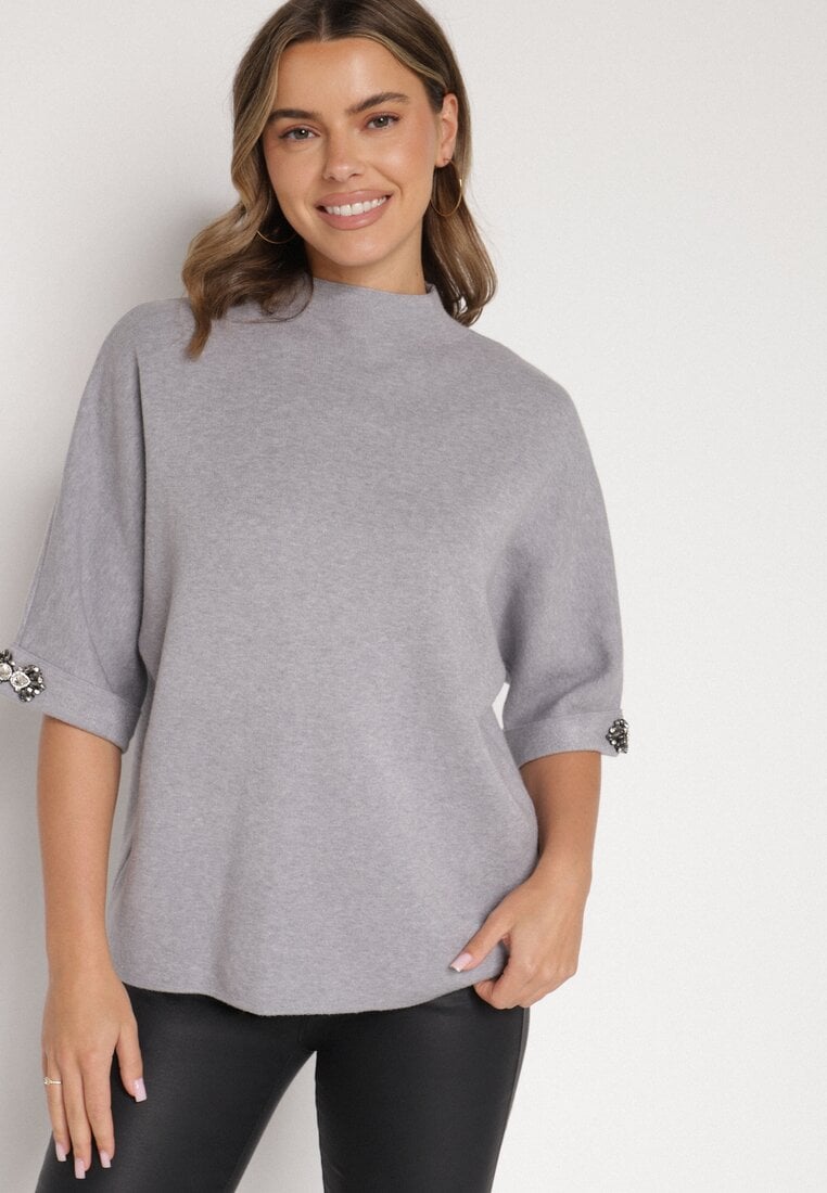 Szary Sweter Ozdobiony na Rękawach Cyrkoniami Aletusa