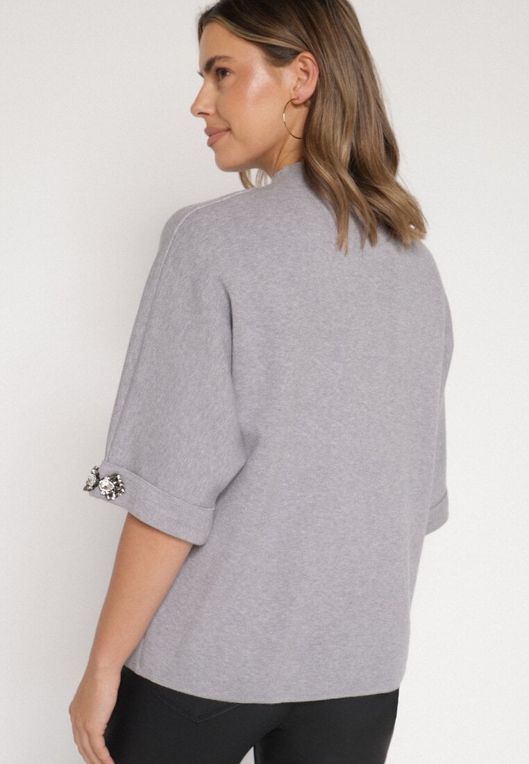 Szary Sweter Ozdobiony na Rękawach Cyrkoniami Aletusa