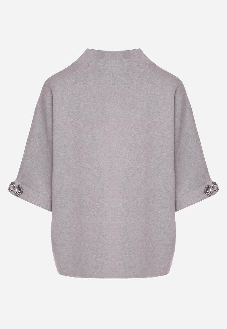 Szary Sweter Ozdobiony na Rękawach Cyrkoniami Aletusa