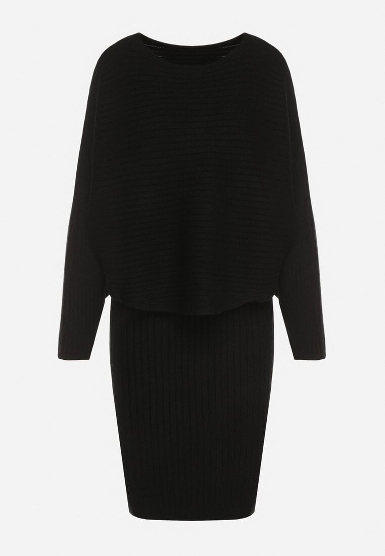 Czarny Dzianinowy Komplet Prążkowany Sukienka i Sweter o Kroju Nietoperz Wederela