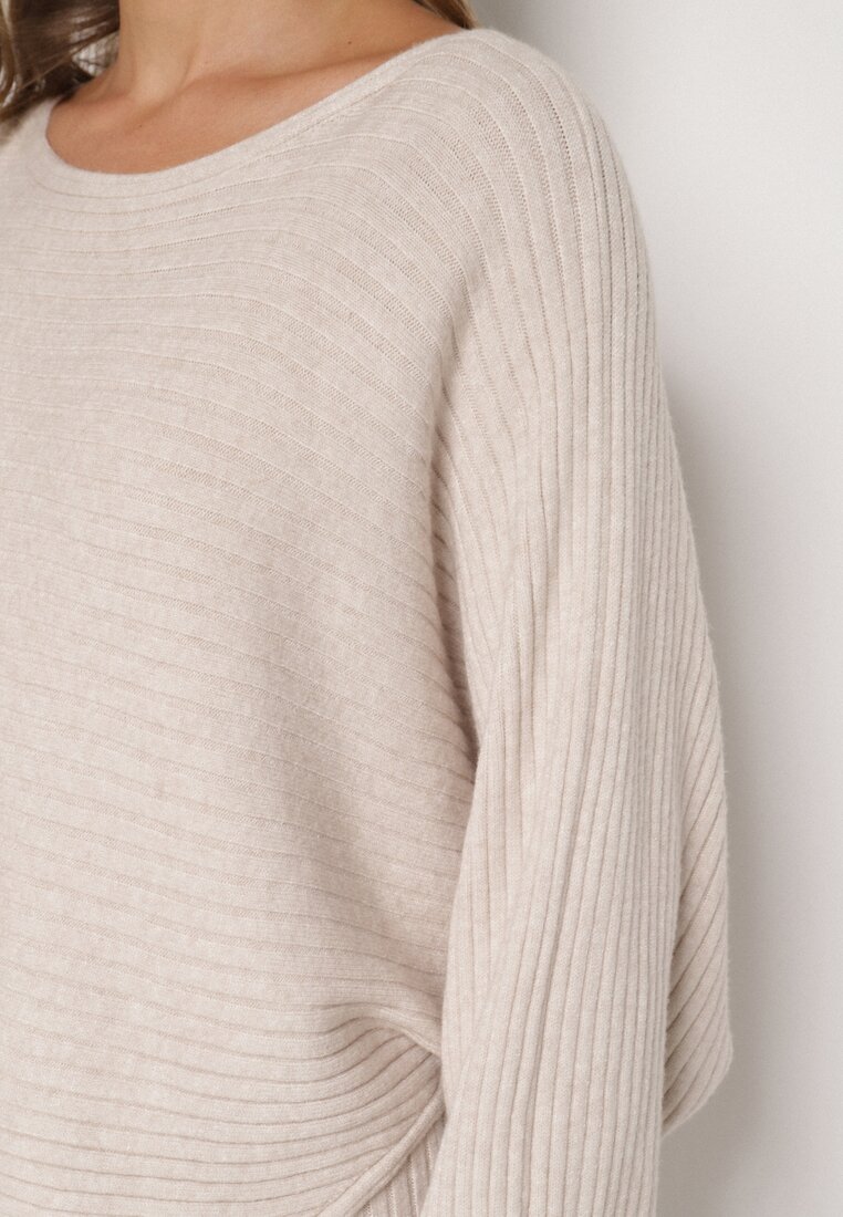 Ciemnobeżowy Dzianinowy Komplet Prążkowany Sukienka i Sweter o Kroju Nietoperz Wederela