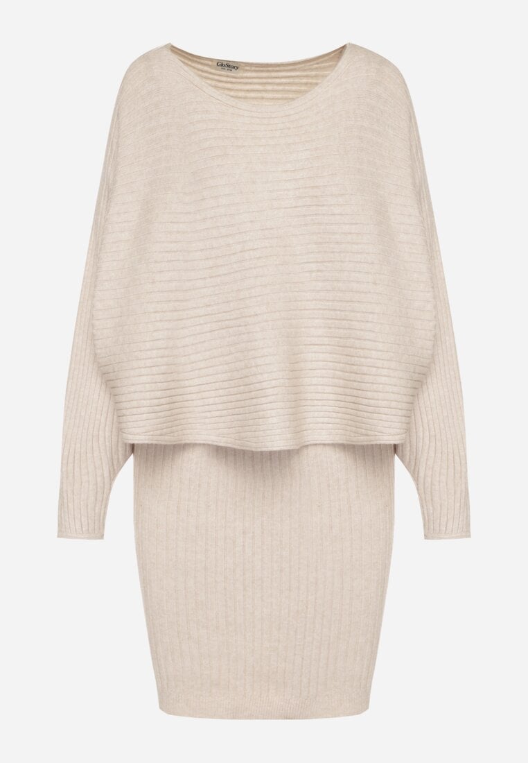 Ciemnobeżowy Dzianinowy Komplet Prążkowany Sukienka i Sweter o Kroju Nietoperz Wederela