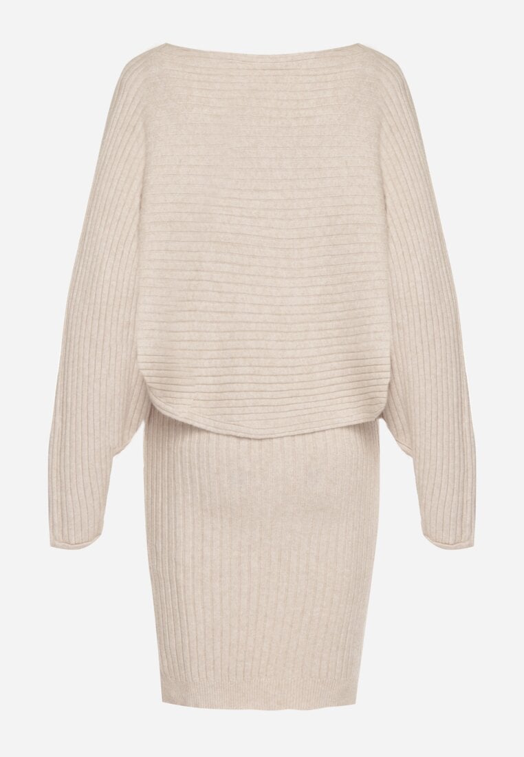 Ciemnobeżowy Dzianinowy Komplet Prążkowany Sukienka i Sweter o Kroju Nietoperz Wederela