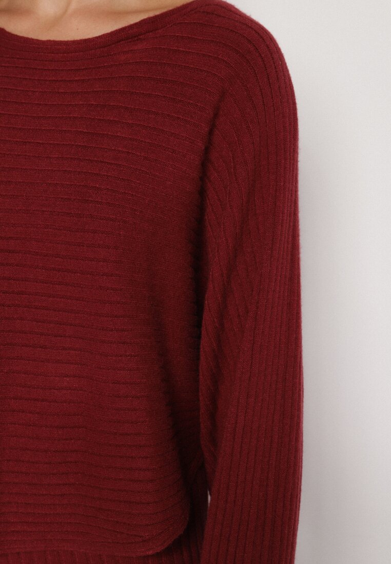 Czerwony Dzianinowy Komplet Prążkowany Sukienka i Sweter o Kroju Nietoperz Wederela