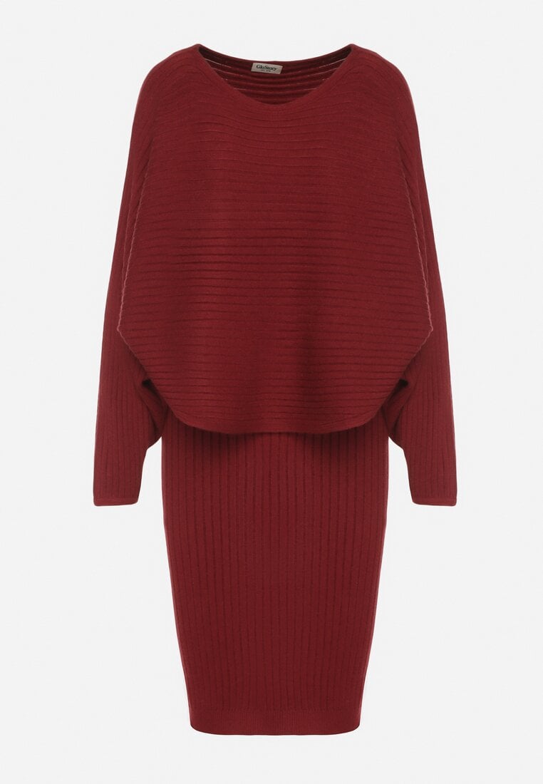 Czerwony Dzianinowy Komplet Prążkowany Sukienka i Sweter o Kroju Nietoperz Wederela