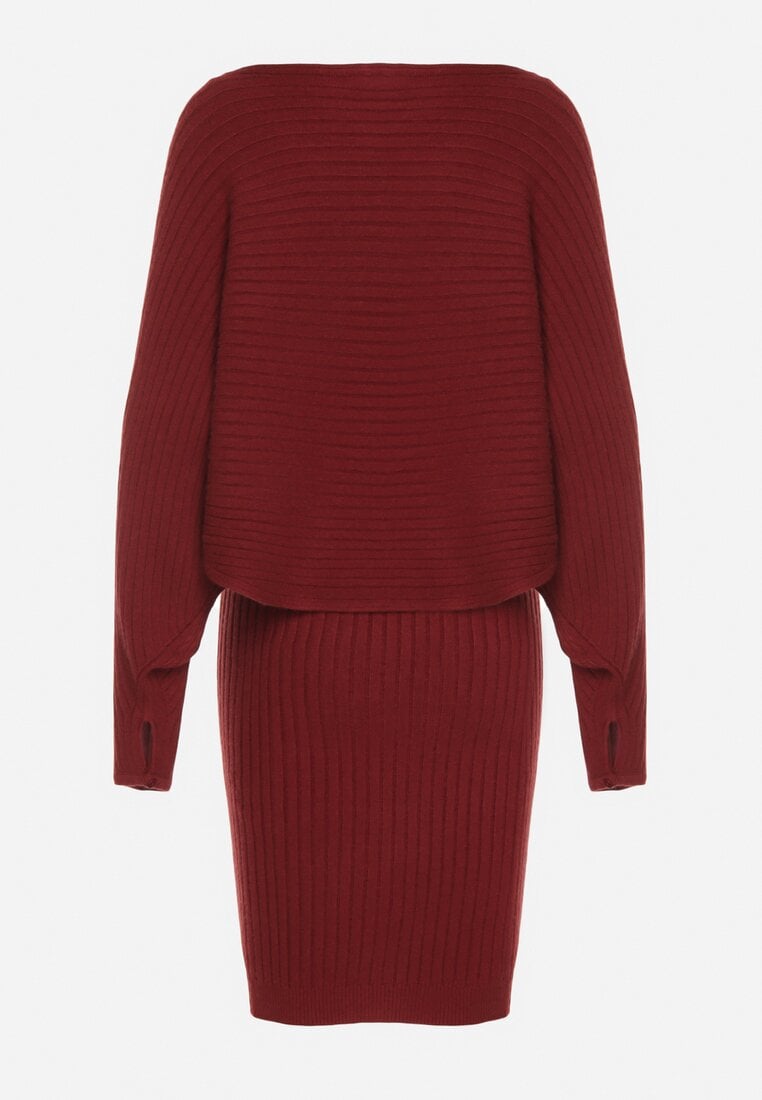 Czerwony Dzianinowy Komplet Prążkowany Sukienka i Sweter o Kroju Nietoperz Wederela