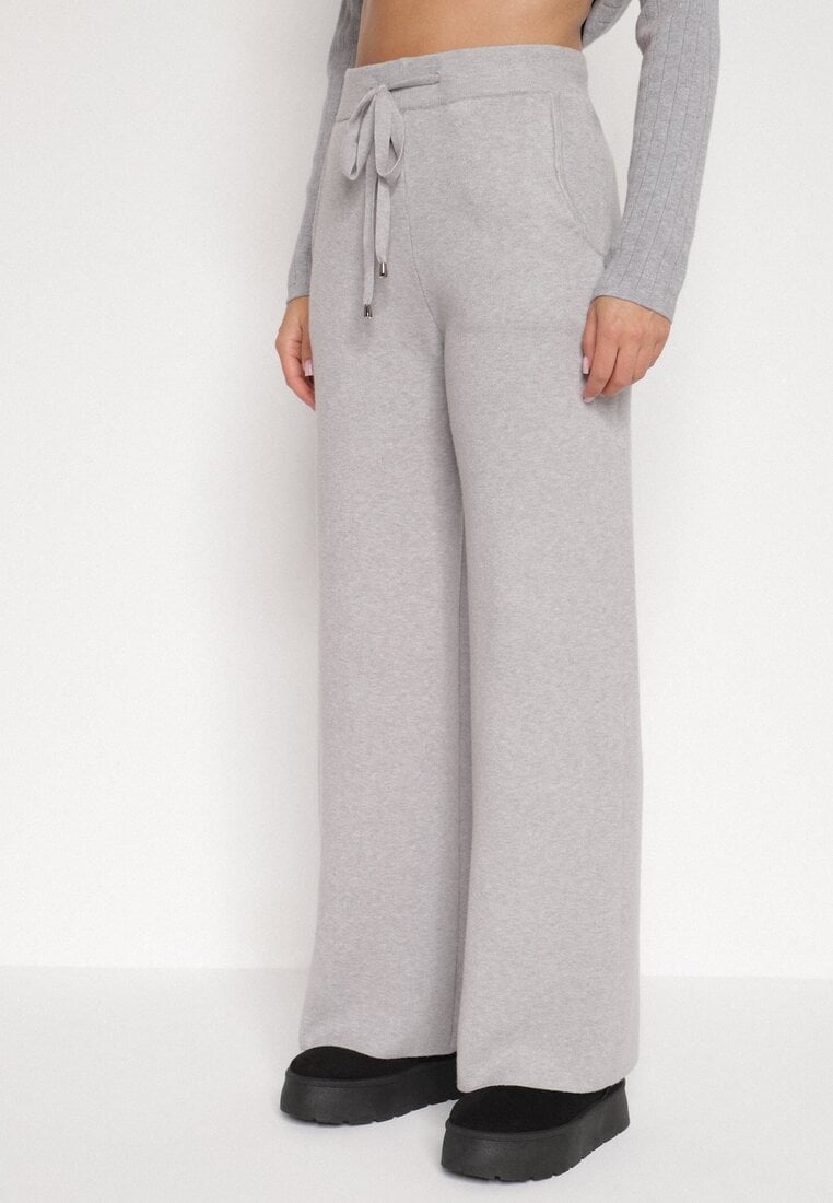 Szare Dzianinowe Spodnie o Szerokim Kroju ze Sznurkami Melatusa