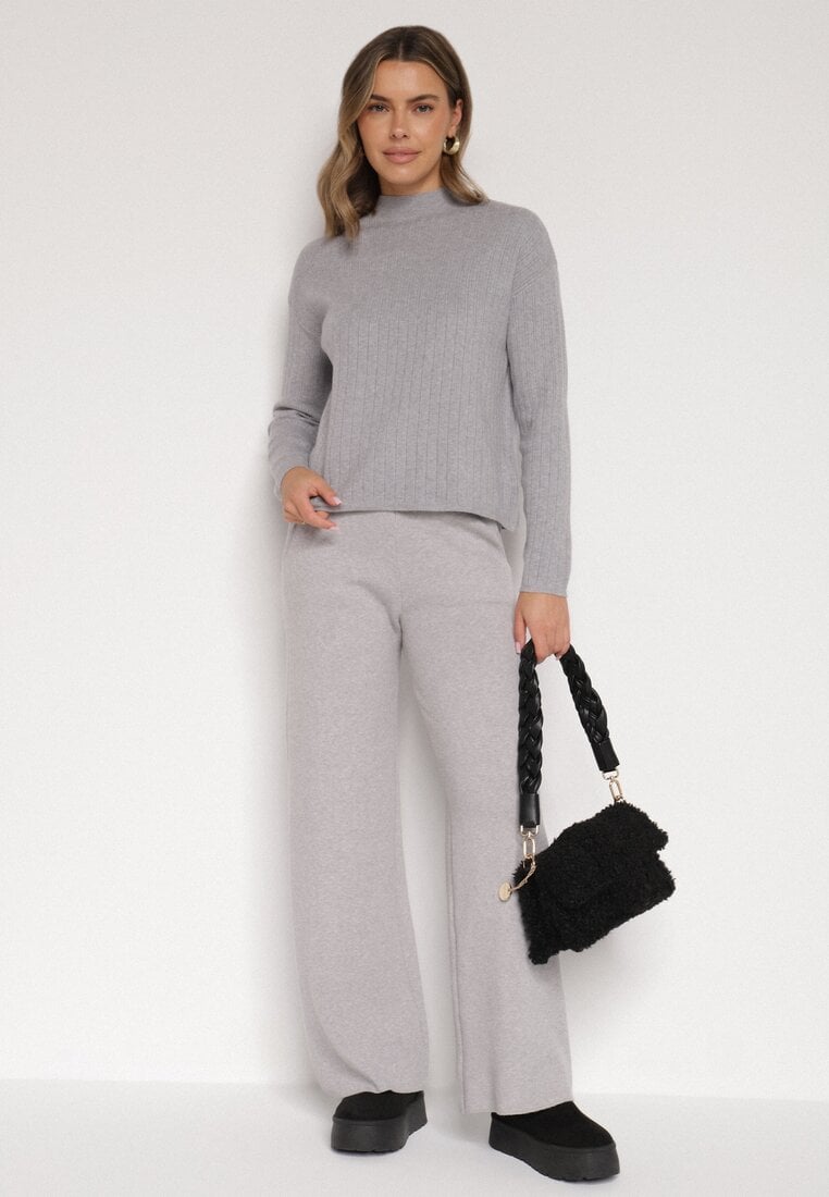 Szare Dzianinowe Spodnie o Szerokim Kroju ze Sznurkami Melatusa