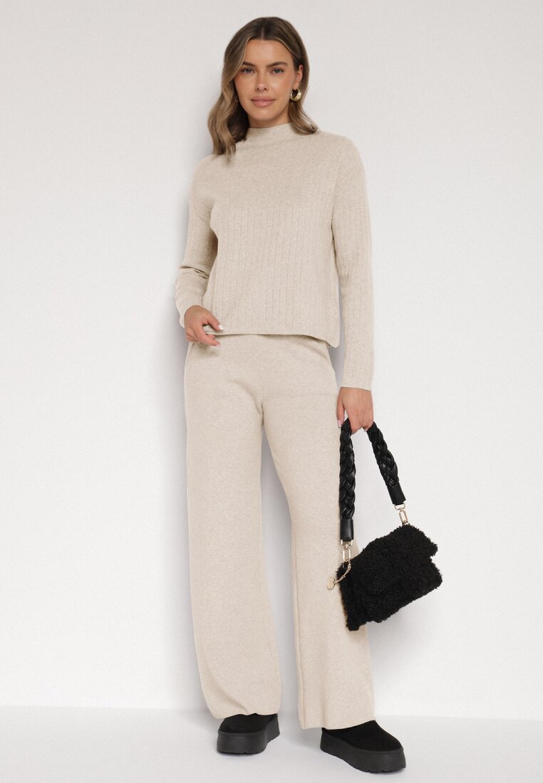 Jasnobeżowe Dzianinowe Spodnie o Szerokim Kroju ze Sznurkami Melatusa