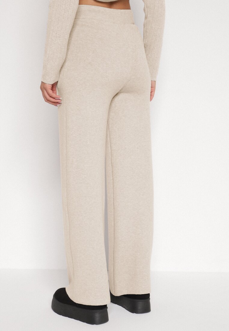 Jasnobeżowe Dzianinowe Spodnie o Szerokim Kroju ze Sznurkami Melatusa