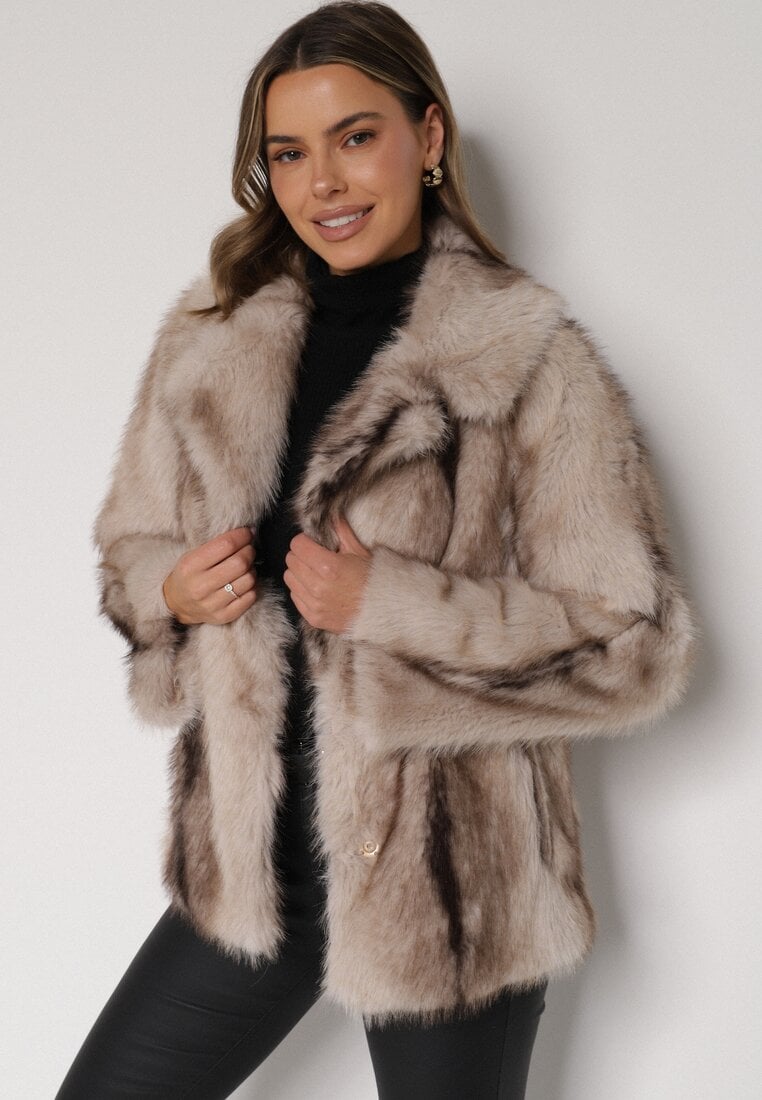 Beżowa Kurtka Futerko z Jednorzędowym Zapięciem i Szerokim Kołnierzem Tesella