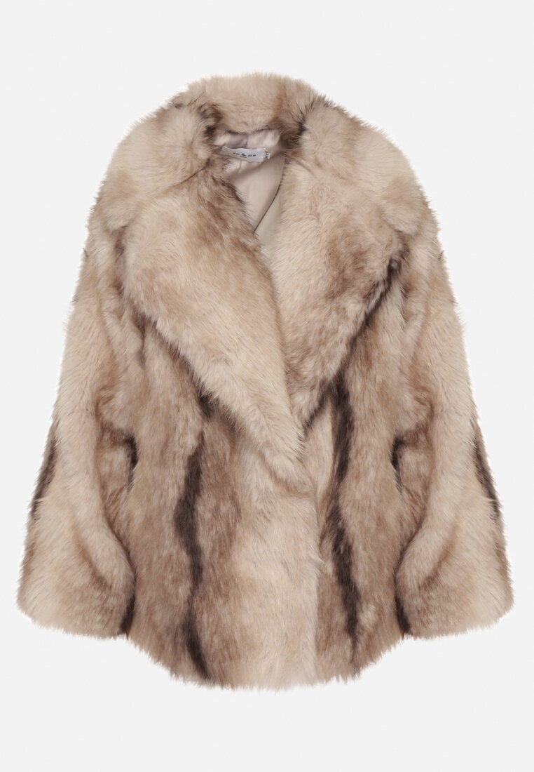 Beżowa Kurtka Futerko z Jednorzędowym Zapięciem i Szerokim Kołnierzem Tesella