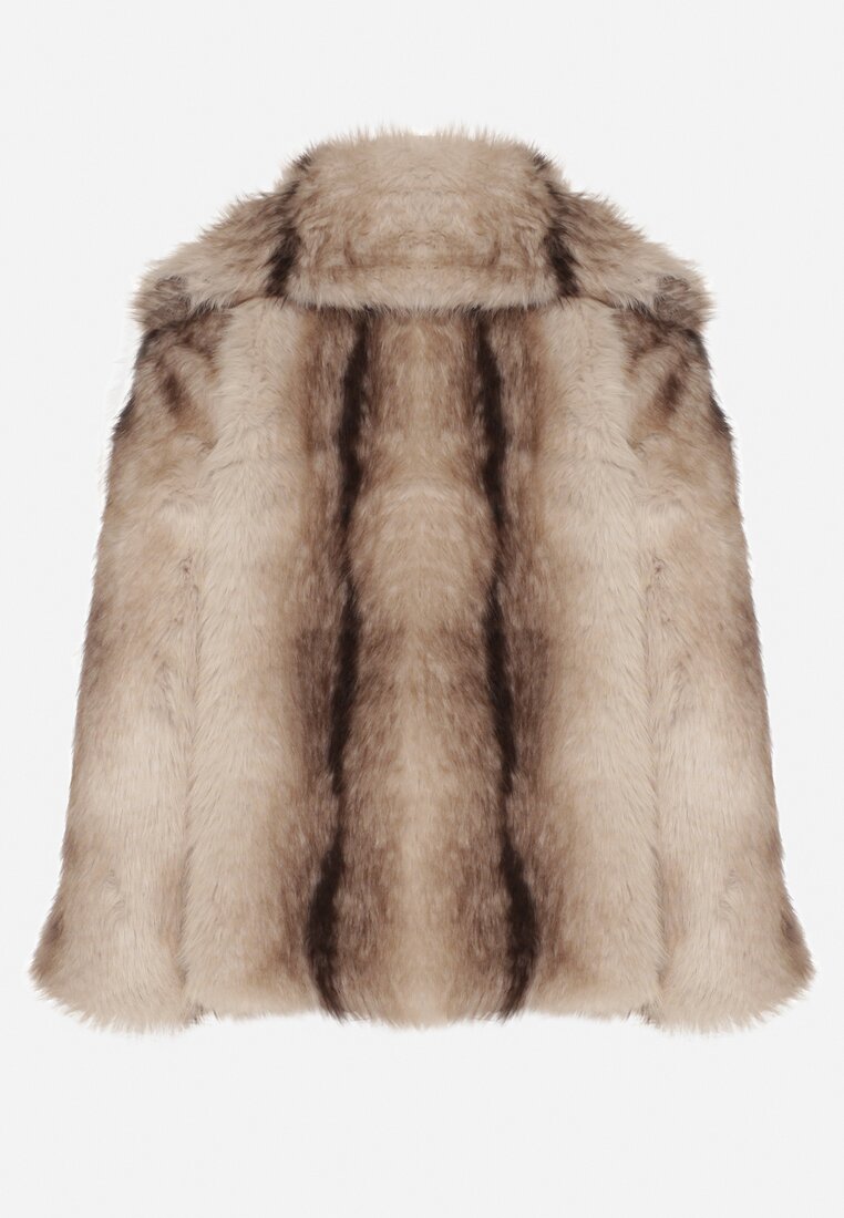 Beżowa Kurtka Futerko z Jednorzędowym Zapięciem i Szerokim Kołnierzem Tesella