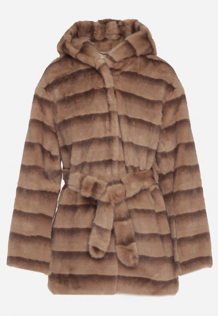 Jasnobrązowa Futrzana Kurtka z Nieodpinanym Kapturem i Paskiem Zetova