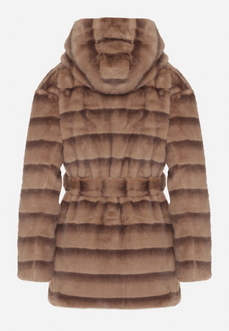Jasnobrązowa Futrzana Kurtka z Nieodpinanym Kapturem i Paskiem Zetova