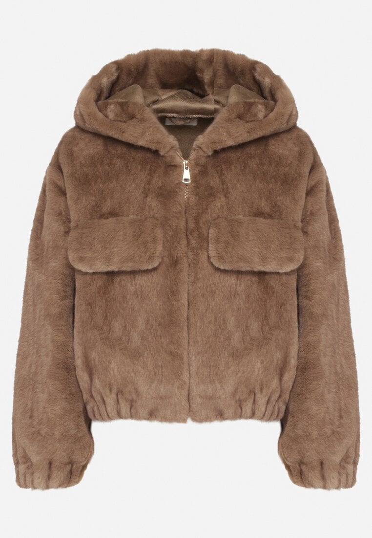 Jasnobrązowa Futrzana Kurtka Bomberka z Kapturem i Ozdobną Imitacją Kieszeni Awedalia