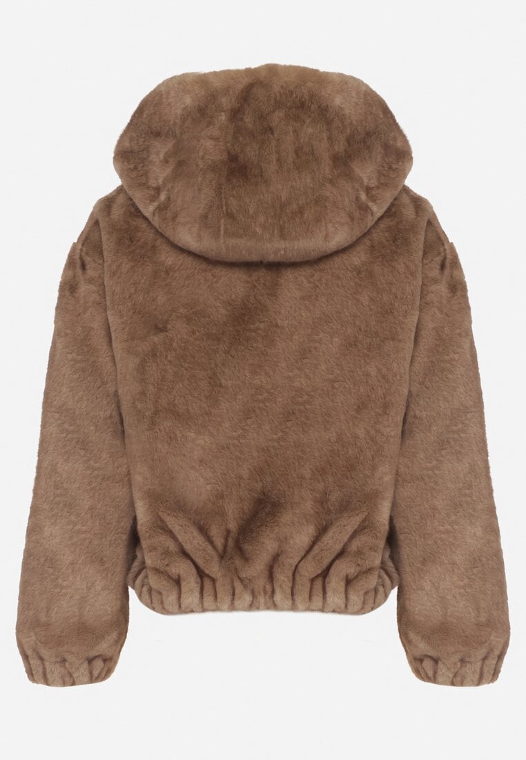 Jasnobrązowa Futrzana Kurtka Bomberka z Kapturem i Ozdobną Imitacją Kieszeni Awedalia