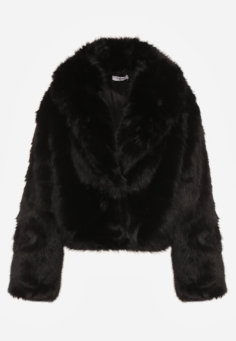 Czarna Kurtka Futrzana z Ozdobnym Kołnierzem Wedoria