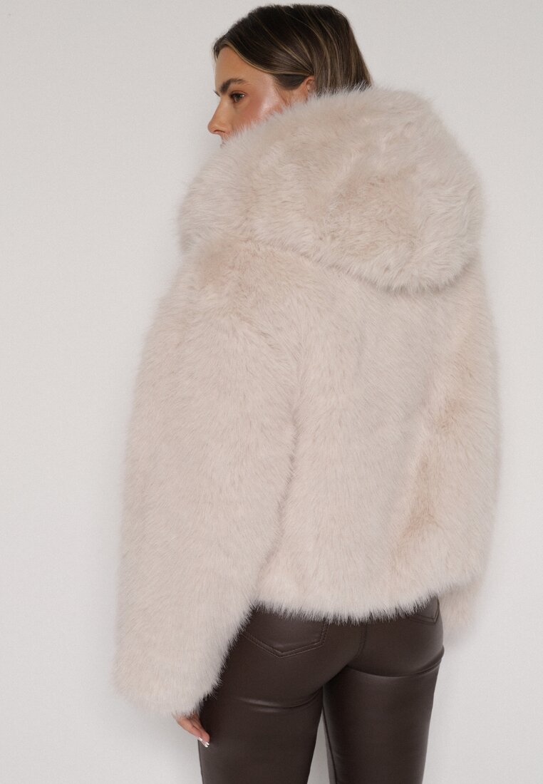 Beżowa Futrzana Kurtka z Nieodpinanym Kapturem Zetena