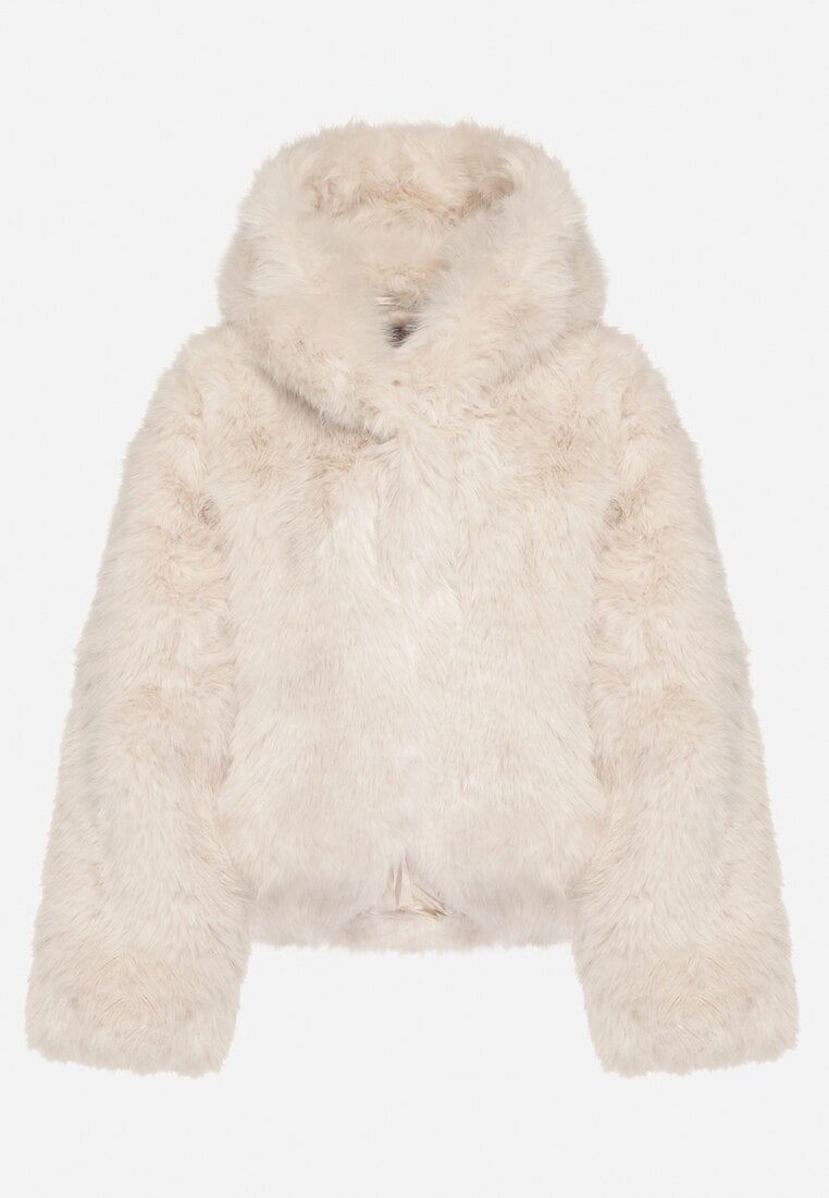 Beżowa Futrzana Kurtka z Nieodpinanym Kapturem Zetena