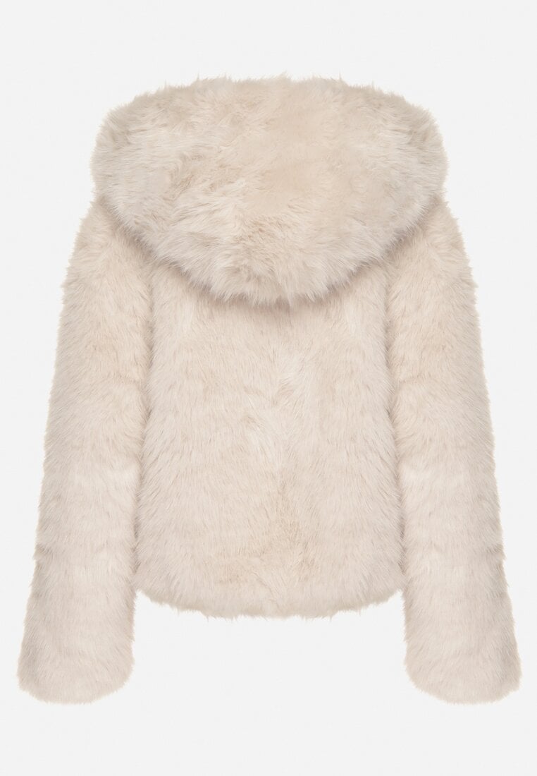 Beżowa Futrzana Kurtka z Nieodpinanym Kapturem Zetena