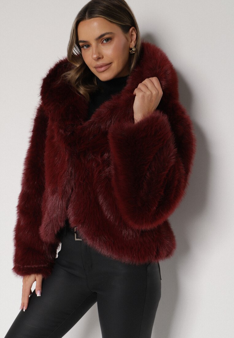 Bordowa Futrzana Kurtka z Nieodpinanym Kapturem Zetena