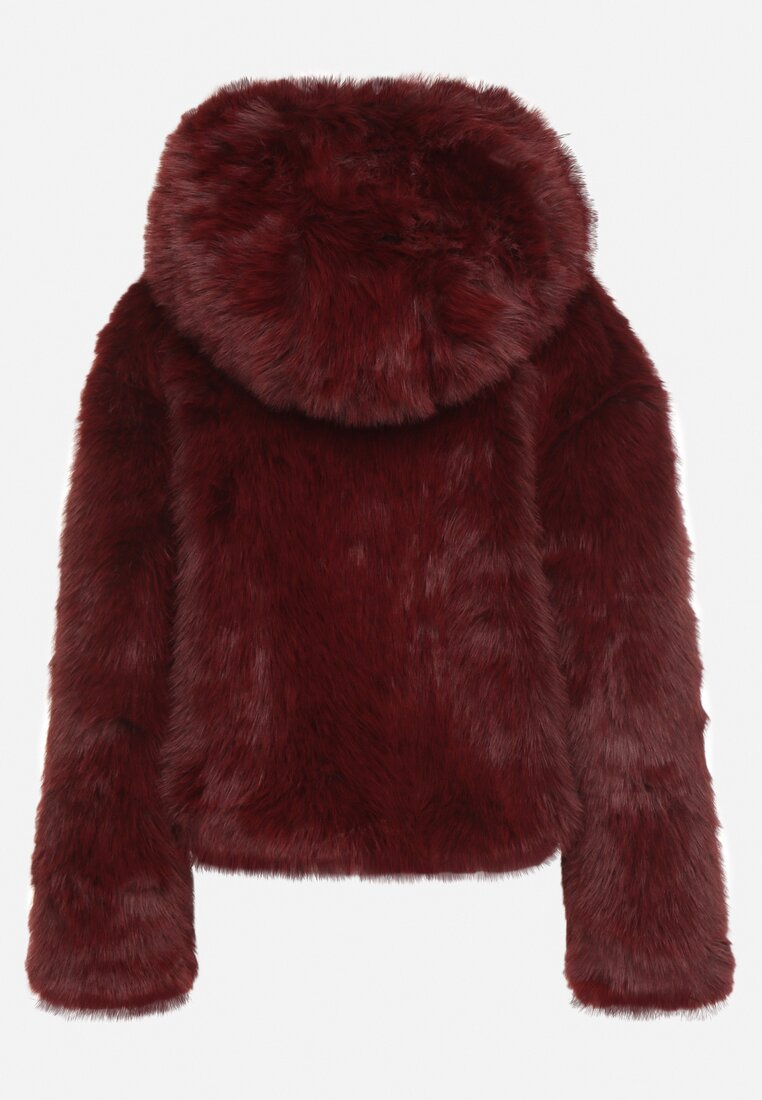 Bordowa Futrzana Kurtka z Nieodpinanym Kapturem Zetena