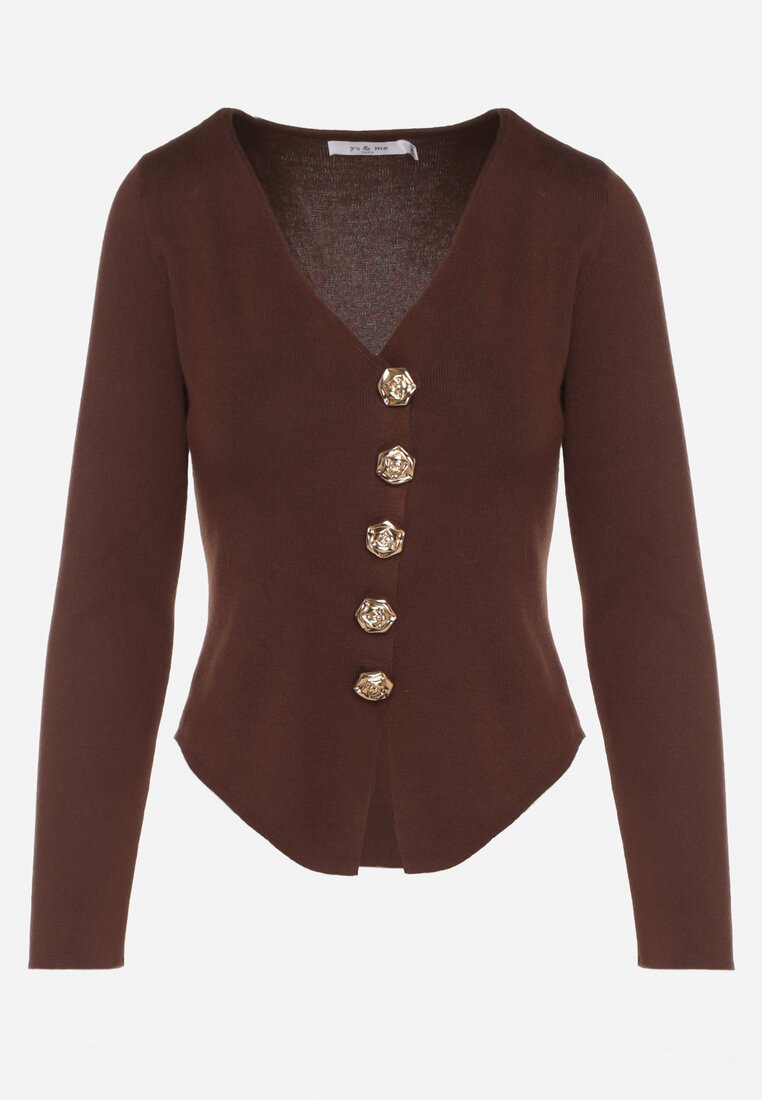 Brązowy Sweter z Wiskozą Ozdobiony Guzikami Zetisae