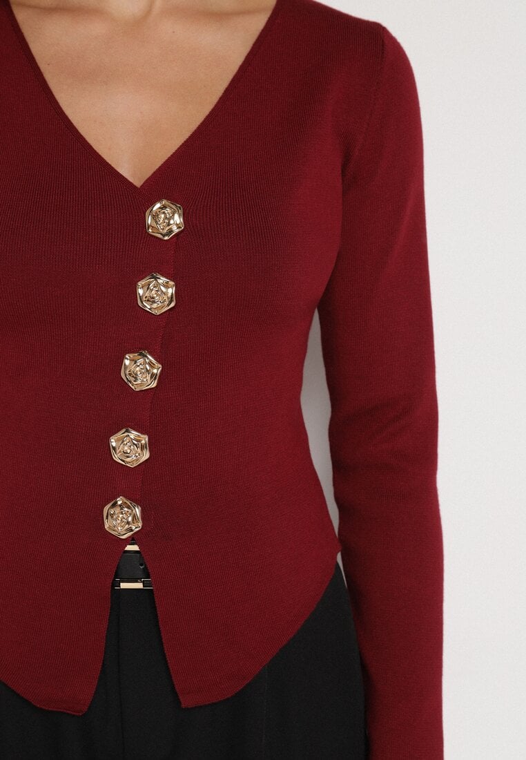 Bordowy Sweter z Wiskozą Ozdobiony Guzikami Zetisae