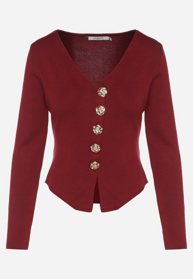 Bordowy Sweter z Wiskozą Ozdobiony Guzikami Zetisae