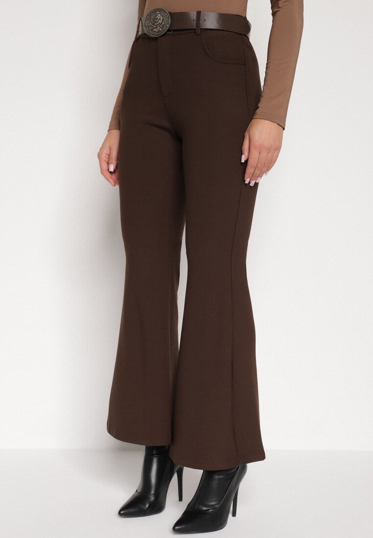 Brązowe Spodnie Dzwony z Bawełny i Wiskozy z Kowbojskim Paskiem Tushella