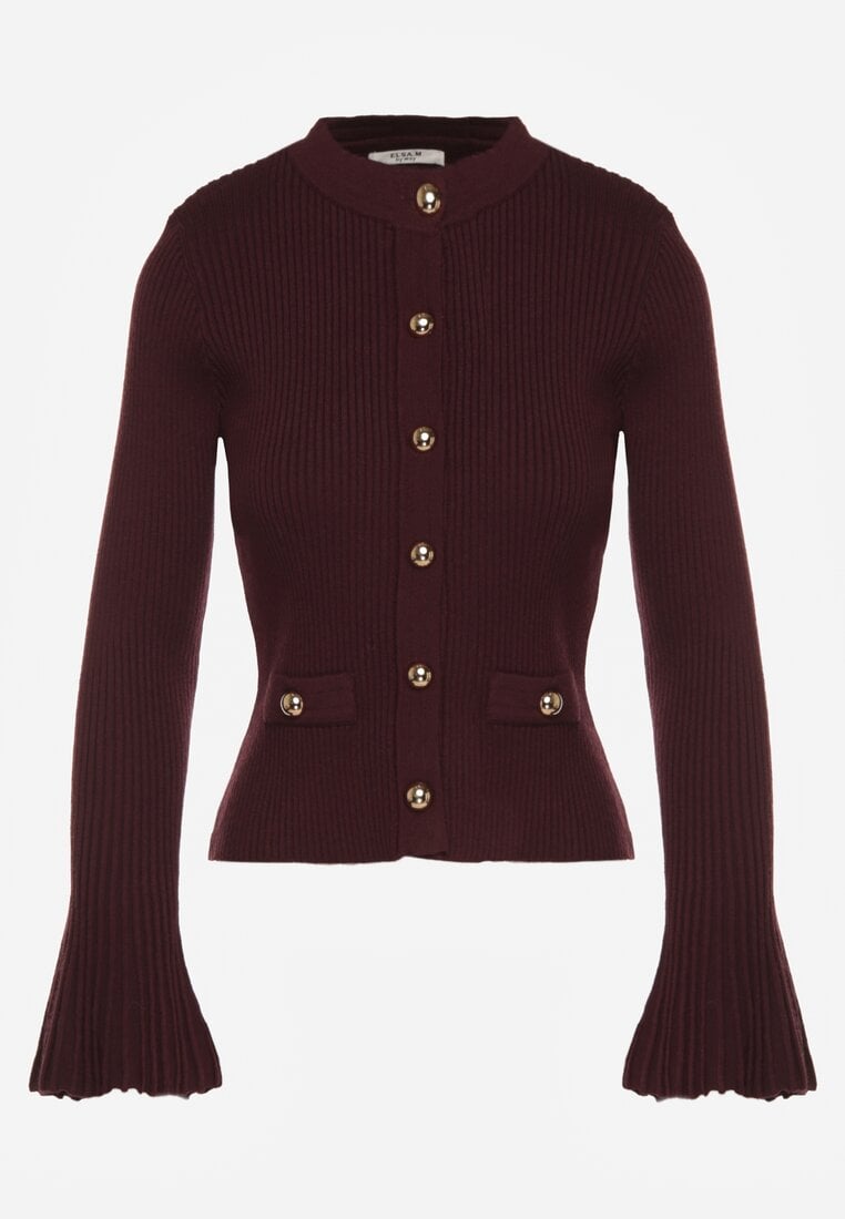 Bordowy Kardigan z Wiskozą Ozdobiony Rozszerzanymi Rękawami i Guzikami Tiolenda