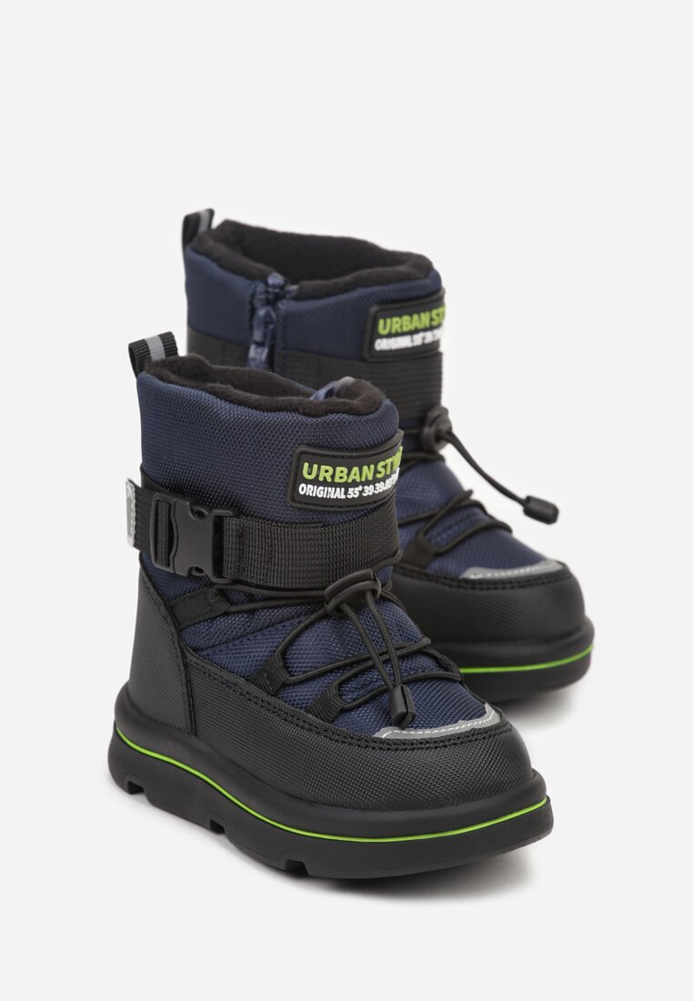 Granatowe Śniegowce Wodoodporne z Napisem i Paskiem z Klamrą Monariella