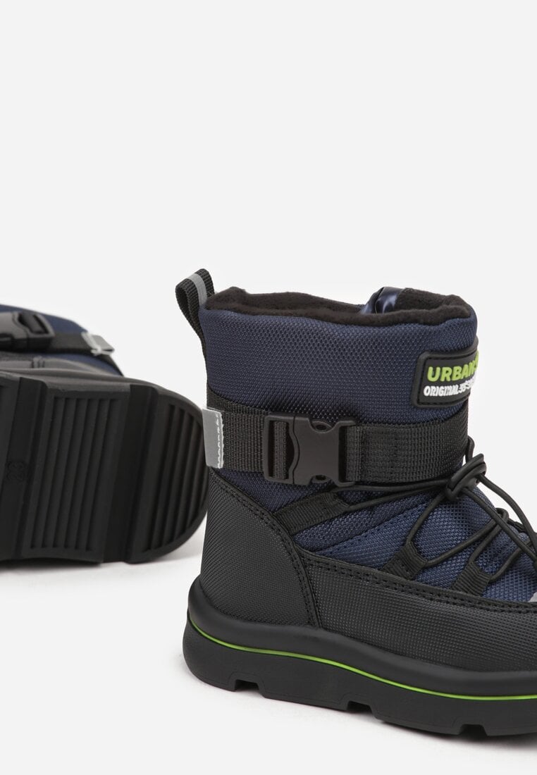 Granatowe Śniegowce Wodoodporne z Napisem i Paskiem z Klamrą Monariella