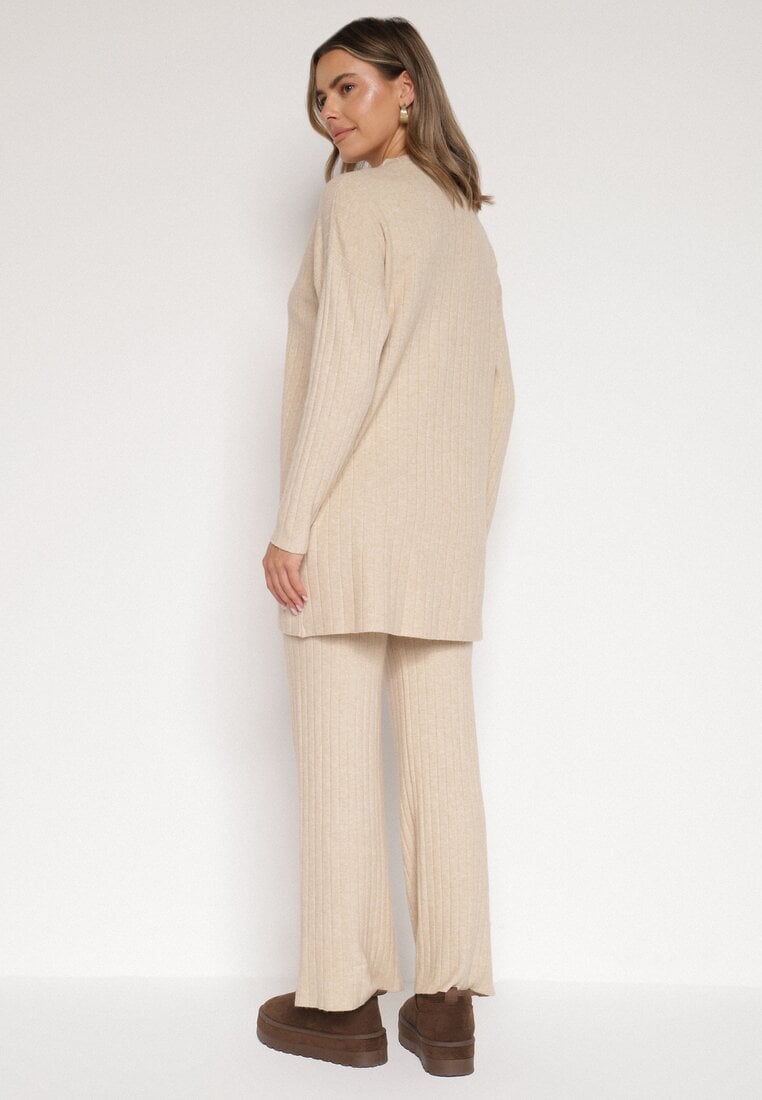 Beżowy Prążkowany Komplet Dzianinowy z Bawełną Sweter z Półgolfem i Spodnie Elweda