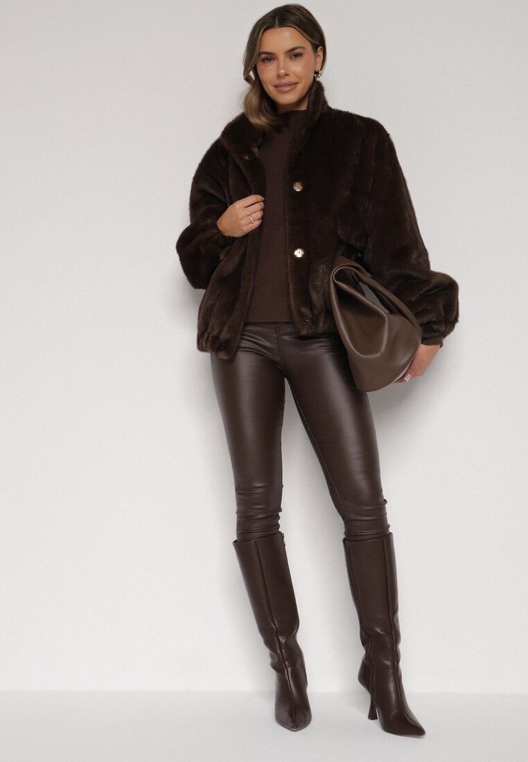 Brązowa Kurtka Futerko o Kroju Bomberki z Kieszeniami Tiwedara