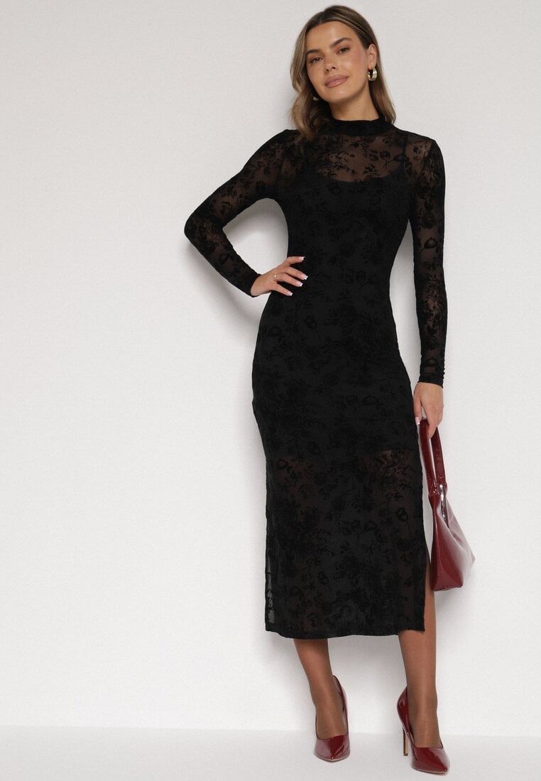 Czarna Dopasowana Sukienka z Dodatkiem Wiskozy i Welurowymi Kwiatami Vetielle
