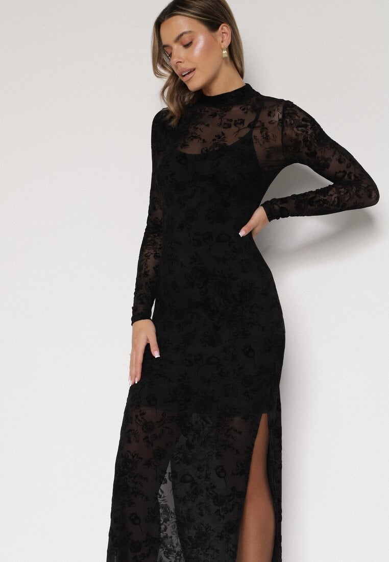 Czarna Dopasowana Sukienka z Dodatkiem Wiskozy i Welurowymi Kwiatami Vetielle