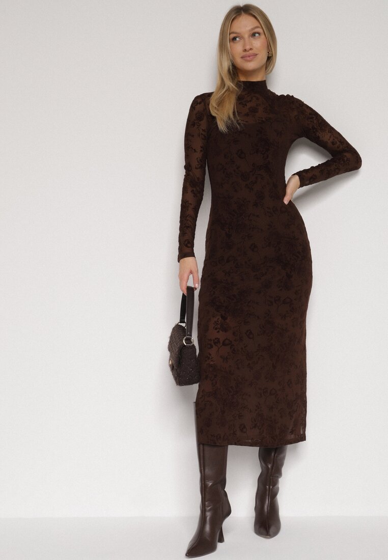 Brązowa Dopasowana Sukienka z Dodatkiem Wiskozy i Welurowymi Kwiatami Vetielle