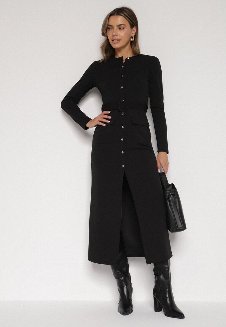 Czarna Sukienka Koszulowa z Wiskozą Guzikami i Paskiem Vetienne