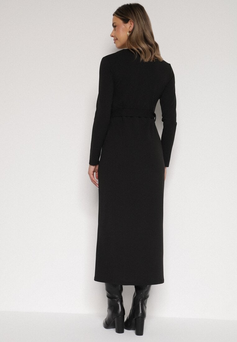 Czarna Sukienka Koszulowa z Wiskozą Guzikami i Paskiem Vetienne