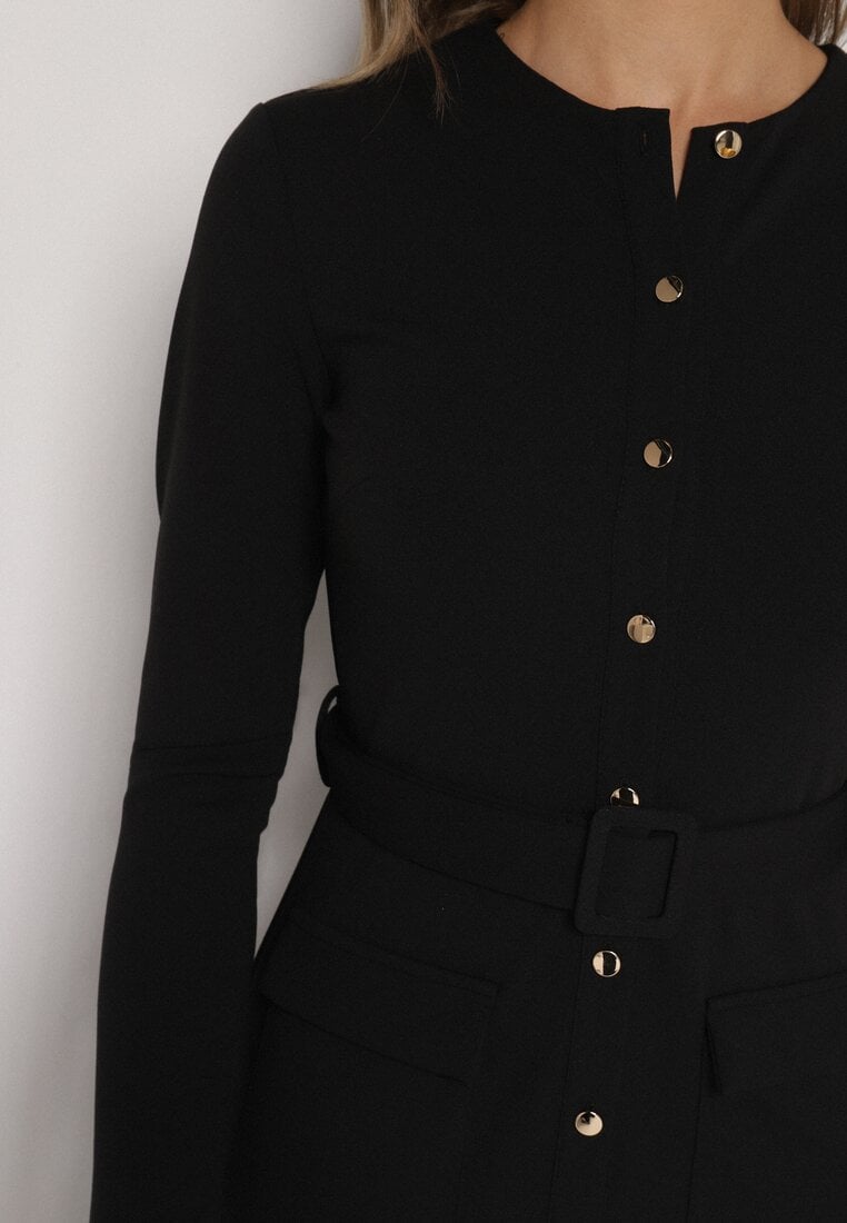 Czarna Sukienka Koszulowa z Wiskozą Guzikami i Paskiem Vetienne