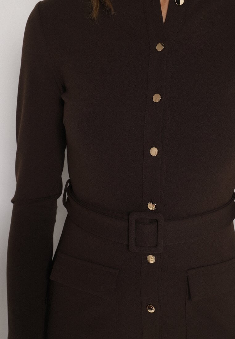 Brązowa Sukienka Koszulowa z Wiskozą Guzikami i Paskiem Vetienne